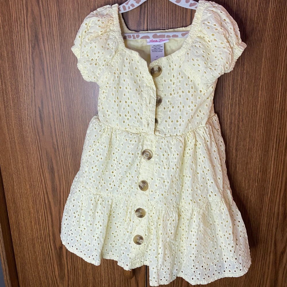 Little Lass Eyelet Lace Dress Kids 3T Yellow Button Front Tiered Puff Sleeve